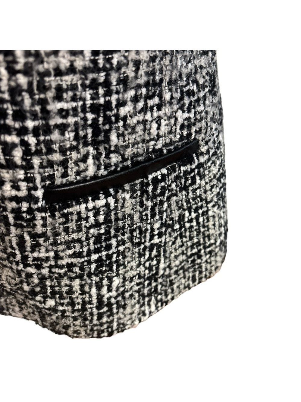 90s JONES NY BLACK & WHITE SALT & PEPPER TWEED JACKET BLACK LEATHER EDGES SZ 14 - Picture 5 of 8